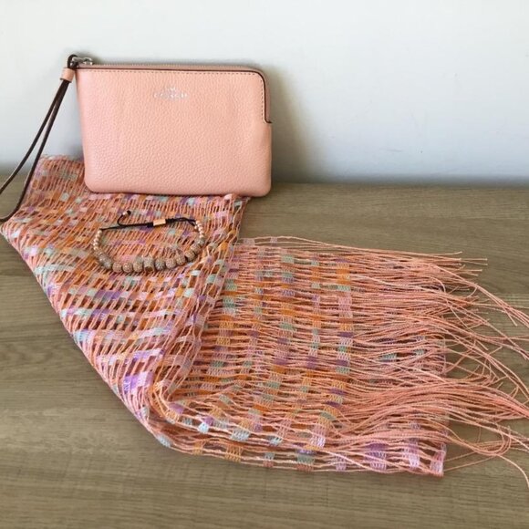 Coach Peach Leather Wristlet W/Beautiful Mesh Scarf and Pink Beaded Bracelet - Picture 2 of 6